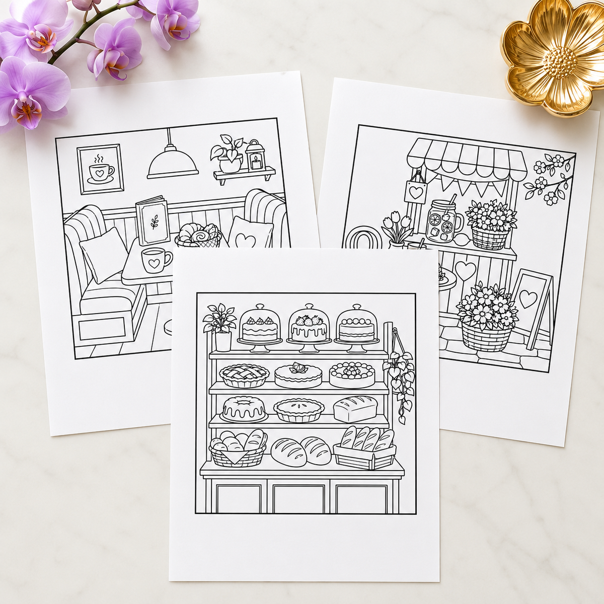 Cozy Cafe Corners — Print to Color Collection